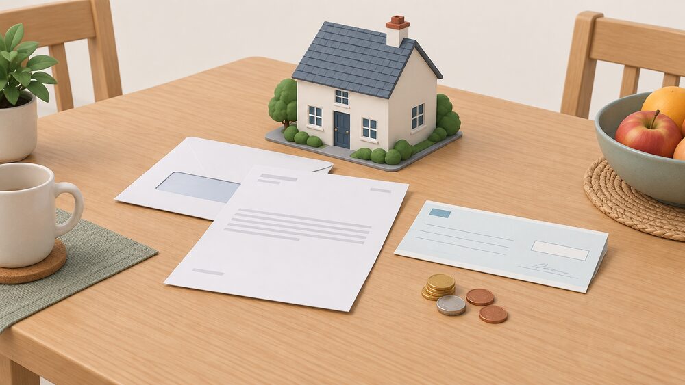 A kitchen table with a blank final bill and a letter from an energy supplier beside a handwritten cheque and a few coins, with a small model house standing behind the paperwork to show the household the compensation is for.