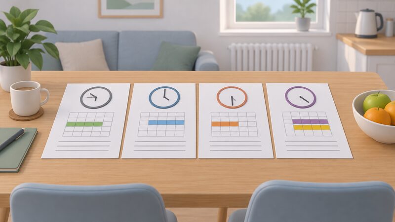 Four printed comparison sheets laid side by side on a household table, each showing a plain calendar block with a clock above it and a simple colour band marking its deadline, with one sheet showing two overlapping colour bands to indicate both suppliers paying.