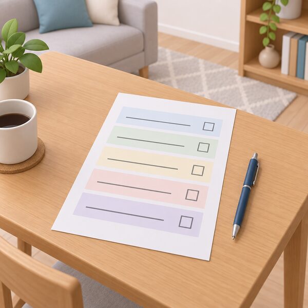 A plain paper customer satisfaction survey form lying on a household table beside a pen, its rows of questions shown as blank lines with empty tick boxes beside simple colour bands, nothing readable printed on it.