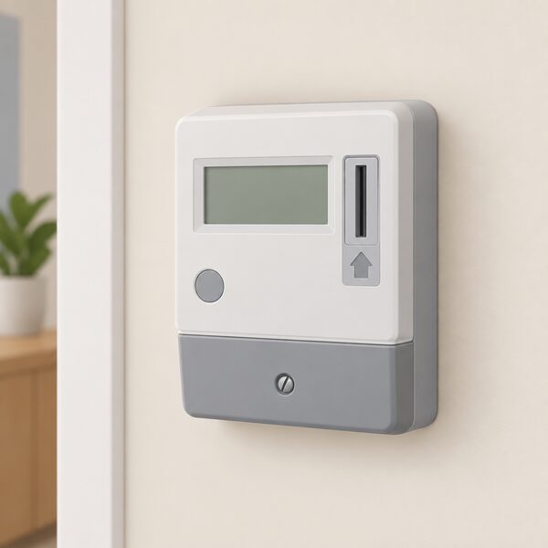 A plain domestic wall with a prepayment electricity meter mounted on it, its slot and key or card holder shown simply, with the display rendered as a blank panel so no readable figures or words appear.