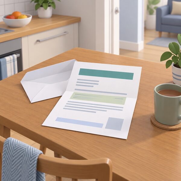 A plain letter lying on a kitchen table in a home, opened from its envelope, telling a household it has been moved to a new energy supplier after the old one ceased trading, with all content shown only as blank lines and plain colour blocks.