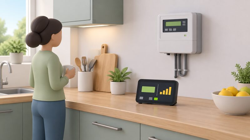 A wall-mounted smart electricity meter in a kitchen with a separate in-home display on the worktop showing a prepayment credit balance and usage, with no key or card anywhere in the scene.
