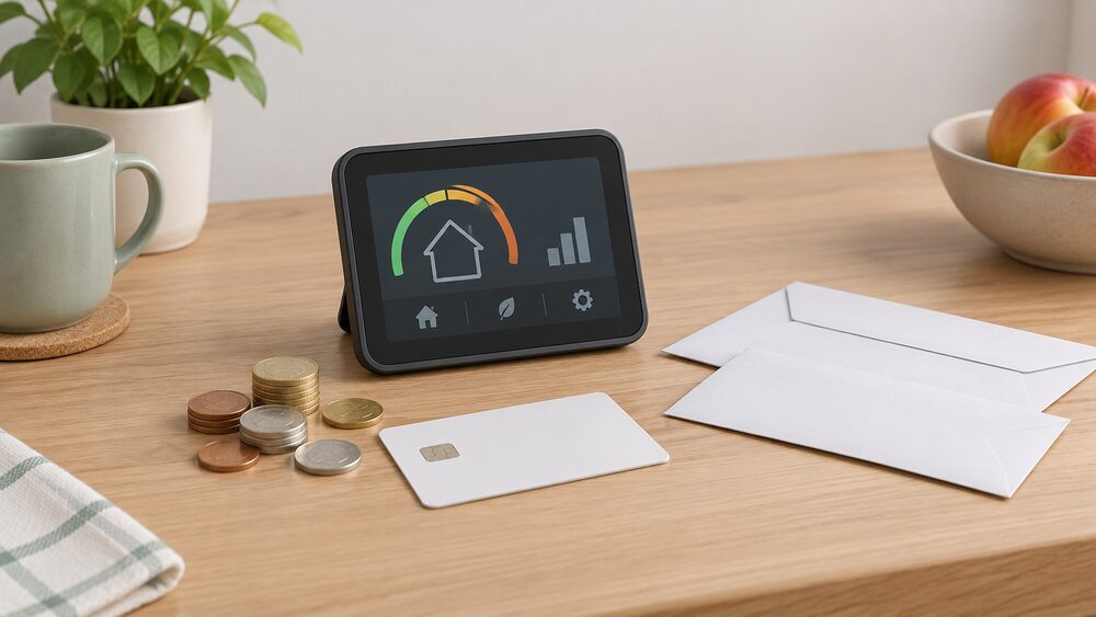 A kitchen table with a smart prepayment meter's in-home display unit standing beside a small pile of coins, a blank top-up card and two plain envelopes, suggesting a household comparing pay-as-you-go suppliers.