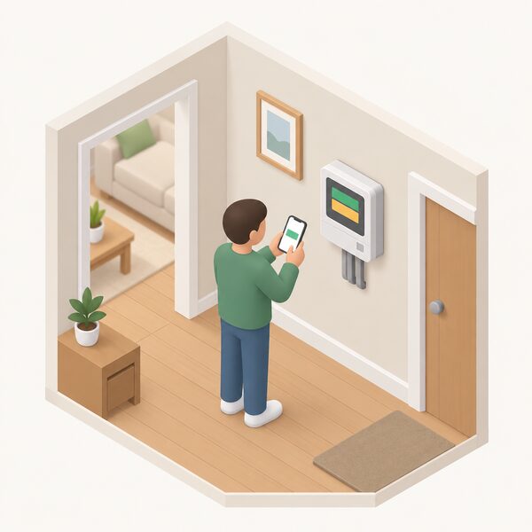 A smart prepayment meter mounted on an interior wall of a home, with a simplified isometric figure standing beside it topping up credit on a smartphone, the meter screen showing plain colour bands for balance with no readable figures.