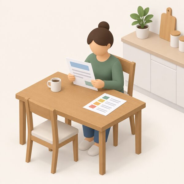A householder seated at a kitchen table reading a paper energy bill, with a second printed survey-style ratings sheet beside it, both showing only blank lines and plain colour blocks so no figures are readable.