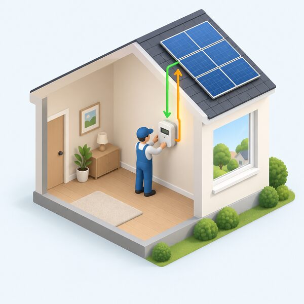 A small isometric figure of an installer fitting a smart meter on an interior wall of a home, with a two-way flow shown between the meter and rooftop solar panels visible outside the window, indicating the meter records both import and export at no charge to the household.