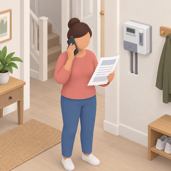 A householder at home holding a paper energy bill in one hand and a phone in the other, dialling the customer service number printed on the bill, with a prepayment meter visible on a nearby wall.