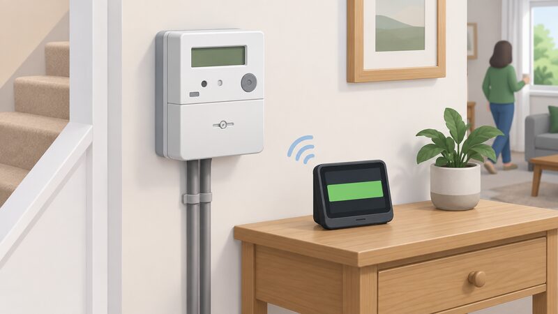 A smart prepayment electricity meter mounted on an interior wall of a home, with its connected in-home display on a nearby shelf or table showing a remaining credit balance as a plain colour band, illustrating that supply depends on positive credit.