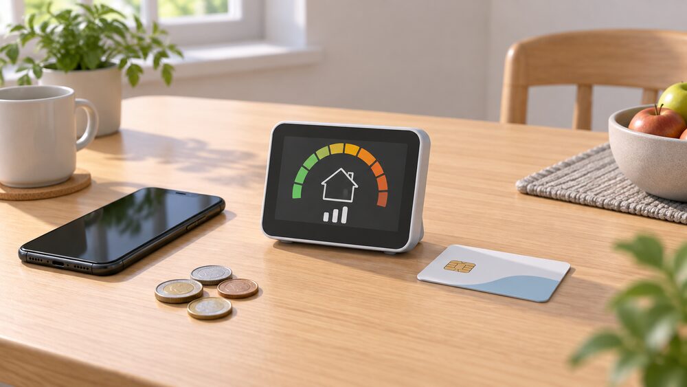 A kitchen table with a smart prepay electricity meter's in-home display standing centrally, a top-up card or key beside it, a few coins and a smartphone with a blank screen, all lit by ordinary daylight from a window.