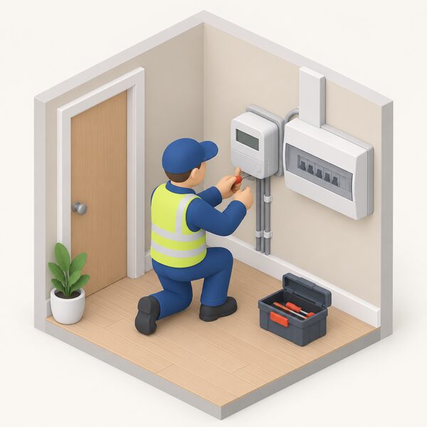 A small isometric figure of an installer fitting a compact smart electricity meter on an inside wall of a home, near the consumer unit, with the meter's blank display shown as a plain screen and no readable text or numbers.