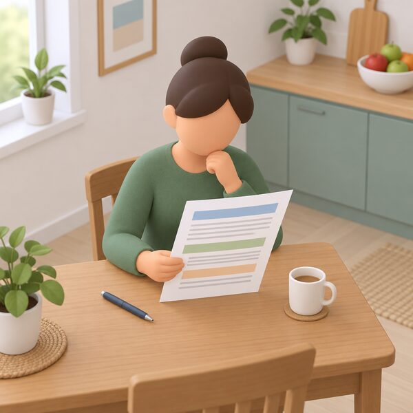 A person at a kitchen table at home holding an energy bill, with the paper showing plain blank lines and colour bands where tariff terms such as rates, charges and contract length would appear, a pen resting beside it.