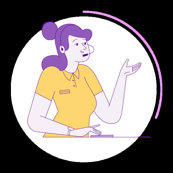 An illustration of a female customer service adviser wearing a headset and gesturing while speaking