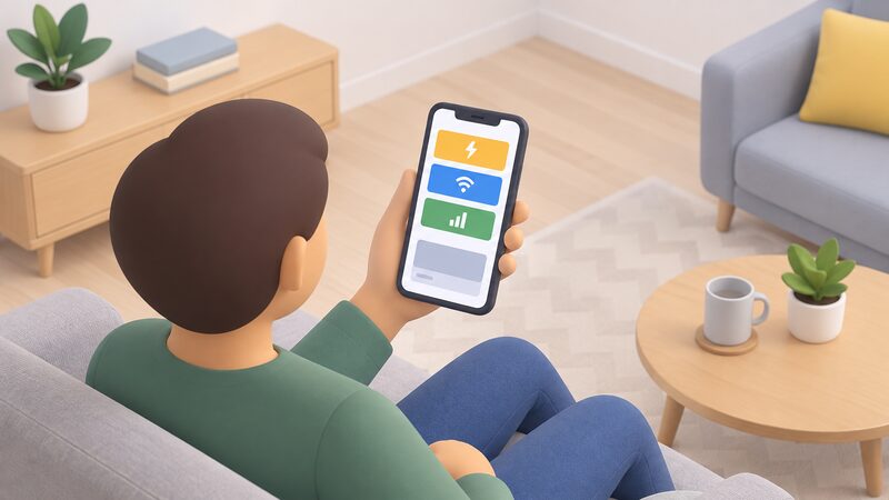 A hand holding a smartphone in a home setting, the screen showing one account page with three plain colour bands representing energy, broadband and mobile, and a single combined bill summary block beneath them.
