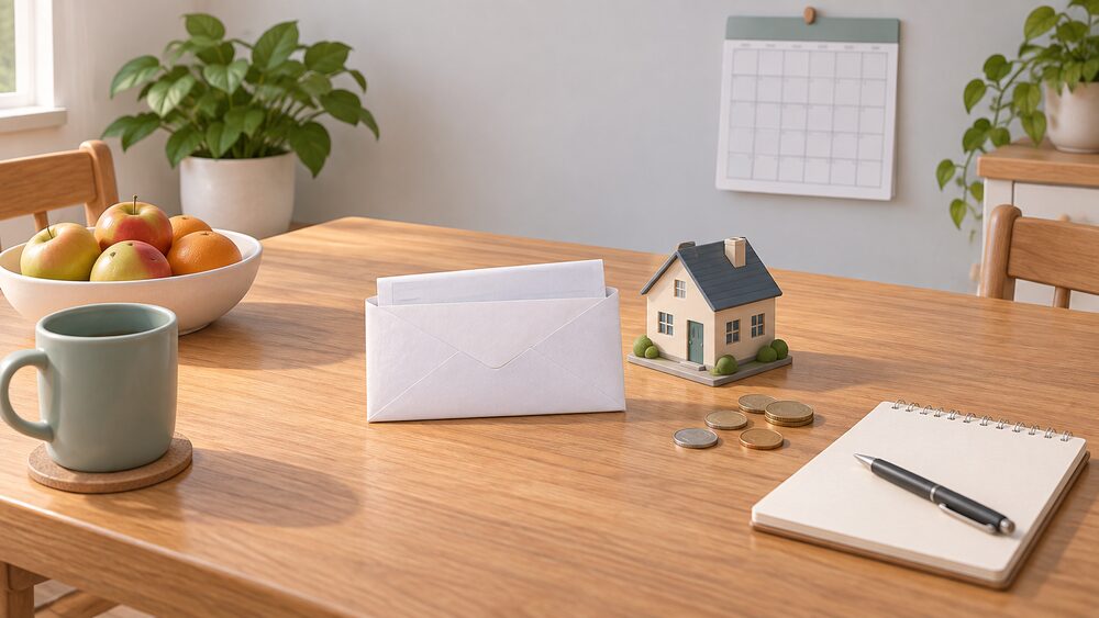 A kitchen table with a single folded bill in a plain envelope at the centre, a small model house beside it, a few coins, a wall calendar and a blank notepad with a pen, suggesting one household account covering several services.
