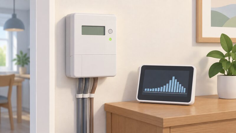 A smart electricity meter on an interior wall with a wireless in-home display nearby, its screen showing a simple bar graph of half-hourly electricity use across the day.