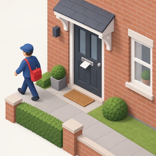 A plain envelope addressed to the household is shown dropping through the letterbox of a brick house's closed front door, seen from outside, with a small isometric figure walking away down the path, representing the automatic notification letter arriving at an eligible home.
