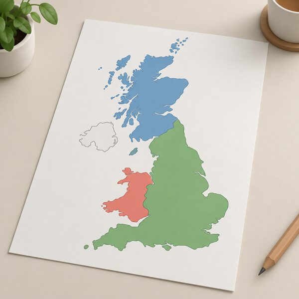 A simplified printed map of Great Britain shown as a physical sheet, with England, Scotland and Wales shaded as plain colour regions and Northern Ireland left unshaded to show it is outside the scheme's coverage.
