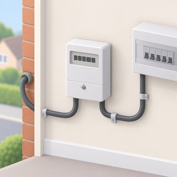 A domestic electricity meter mounted on an interior wall of a home, its display showing plain blocks, with the incoming supply cable entering from outside and the outgoing cable running to the consumer unit, conveying that supply continues unchanged when a supplier stops trading.