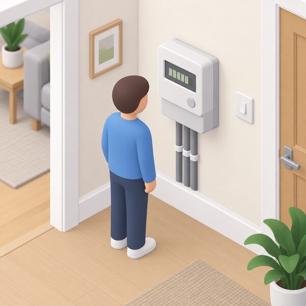 A domestic electricity meter on an interior wall, its digital display showing a plain consumption reading, with a simplified isometric figure standing beside it looking at the meter, representing household electricity usage that funds the scheme through the unit rate.