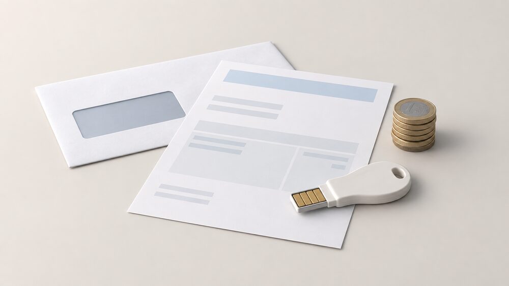 A small tabletop arrangement showing a blank electricity bill and a windowed envelope lying flat, with a short stack of coins beside them and a prepayment electricity key resting on the papers, all under soft daylight.