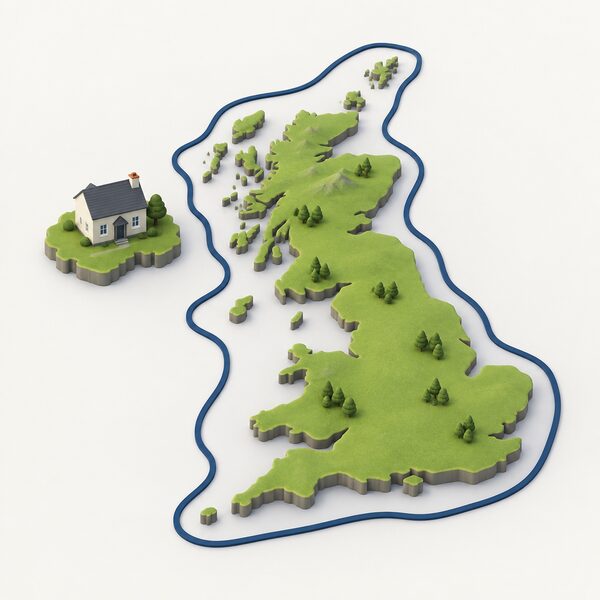 A simple detached house exterior in Northern Ireland standing clearly outside a boundary line that encloses the rest of Great Britain, with the house plain and unconnected to any scheme markings inside the boundary.