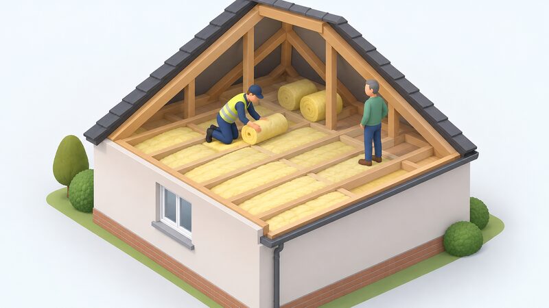 An installer fitting loft insulation rolls between the joists in the loft space of a Northern Ireland home, with a simplified isometric homeowner figure observing nearby, showing a grant-funded insulation measure under the Affordable Warmth Scheme.