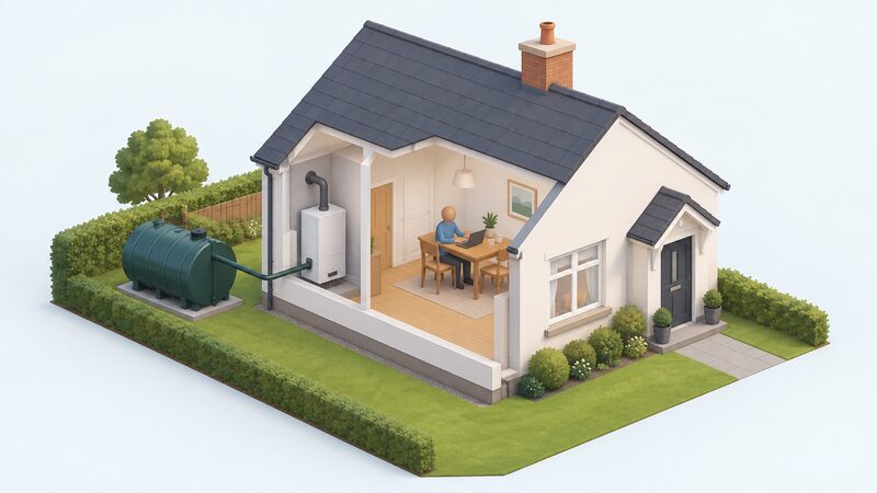 A small Northern Ireland home with an oil tank in the garden connected by a pipe to the boiler at the side of the house, with no gas connection, and a simplified figure applying online on a laptop at a table inside.