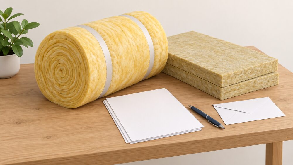A roll of loft insulation and a folded cavity wall insulation board lie on a wooden table beside blank application paperwork, a sealed envelope and a pen, representing a grant-funded home energy improvement.