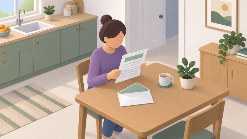 A plain envelope lying open on a kitchen table beside a folded letter, held by a simplified figure, with blank lines and a plain colour band standing in for the rebate confirmation text and no readable words or numbers.