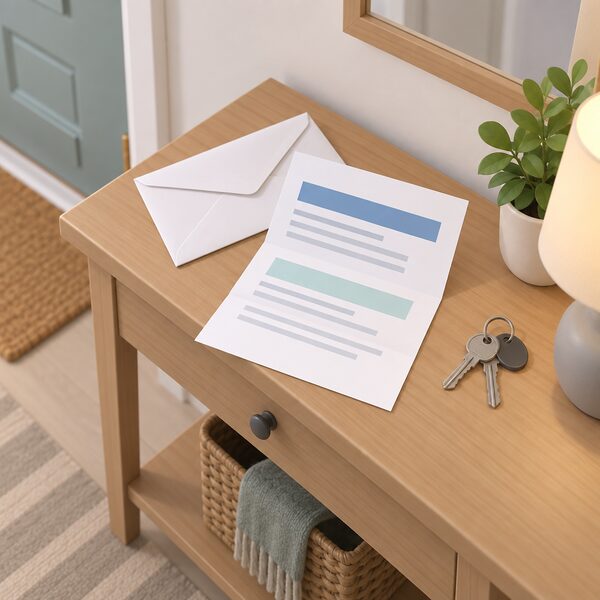 A sealed letter lying on a hallway table beside a set of house keys, opened to show a sheet with plain colour bands and blank lines where the new supplier's confirmation details would appear, with no readable words or numbers anywhere on it.