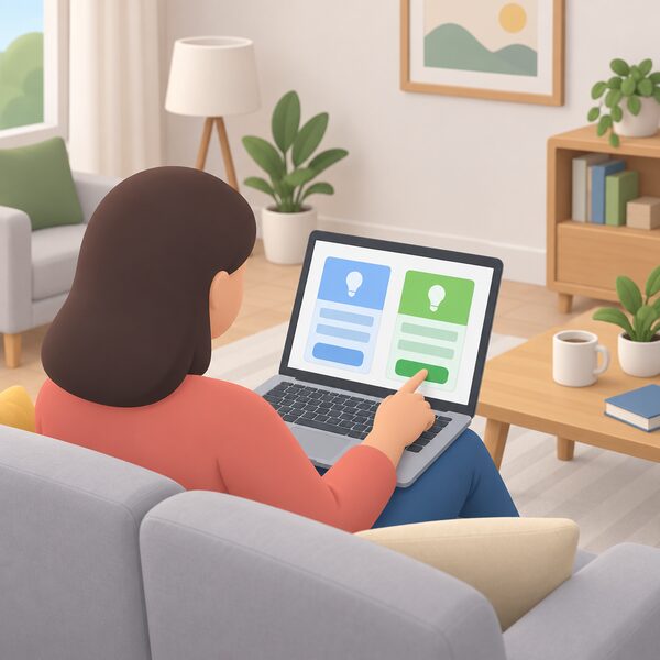 A householder seated at a laptop in a home living room, choosing to switch to another energy supplier, with the screen showing a simple comparison of plain tariff blocks and no exit fee, drawn as blank colour bands with no readable words or numbers.