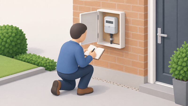 A simplified isometric figure kneels at a domestic electricity meter in its wall-mounted box, reading the display and writing the numbers into an open notebook held in one hand, with the home's incoming supply cable visible entering the meter.