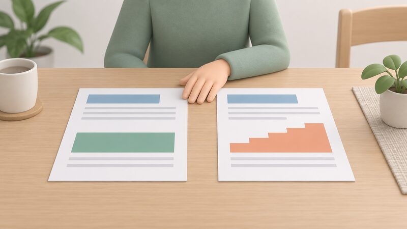 Two energy bill statements lying side by side on a household table, one showing a plain flat block for a fixed tariff and the other showing a stepped, uneven block for a standard variable tariff, with a simplified figure's hand resting between them.