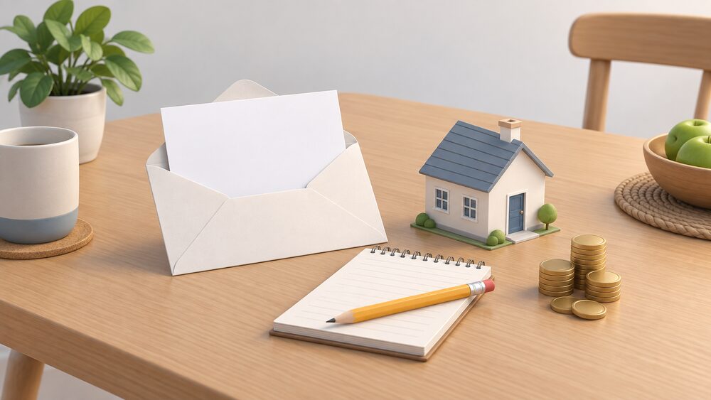 A kitchen table with a blank letter in an opened envelope, a notepad and pencil resting on it as a meter reading record, a few coins standing for a protected credit balance, and a small model house beside them.
