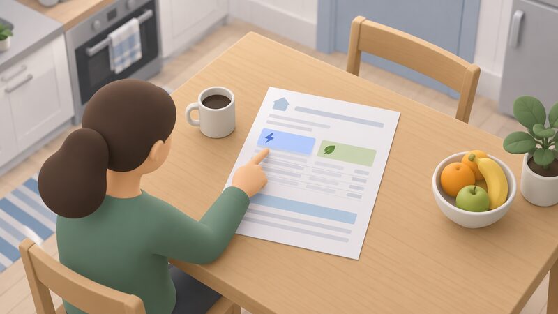 A paper household energy bill lying on a kitchen table, drawn as a physical document with blank lines and plain colour bands, where one band showing the licensed supplier name is highlighted and a separate band showing the marketing brand name sits beside it, with a simplified figure's hand pointing at the highlighted licensed name.