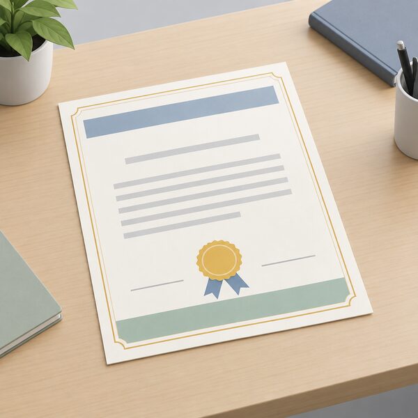 A single formal paper certificate, the kind a regulator issues to authorise an energy supplier, lying flat on a plain desk with its content shown only as blank lines and plain colour bands, no readable words or numbers.