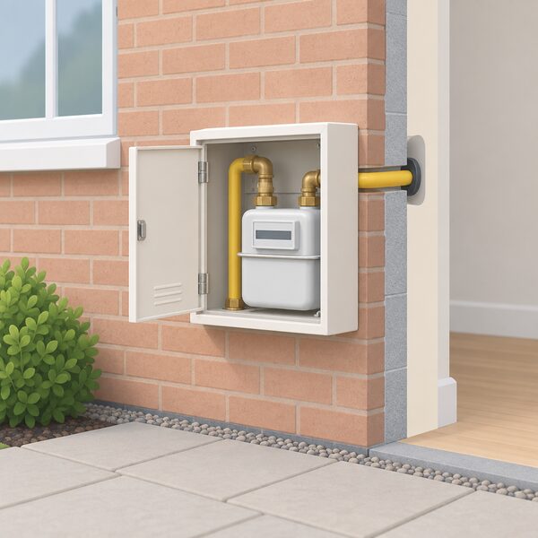 A domestic gas meter in a wall-mounted meter box on the outside of a house, connected to the incoming gas supply pipe that enters the building, showing the point where licensed gas supply reaches the home.