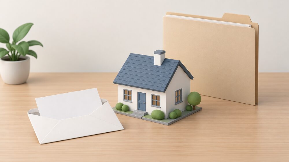 A small model house sits on a table beside a plain unmarked envelope holding a blank bill, with a second larger plain document folder standing behind it to show the licensed supplier behind the front brand.