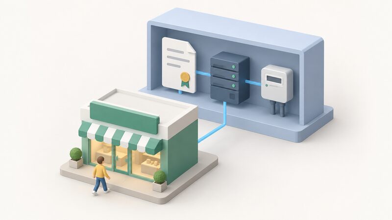 A simple layered diagram with a plain shopfront-style brand block at the front and, behind it, a larger licensed supplier block containing a licence document, a billing system and a metering system, connected by lines showing the brand sitting in front of the licensee.