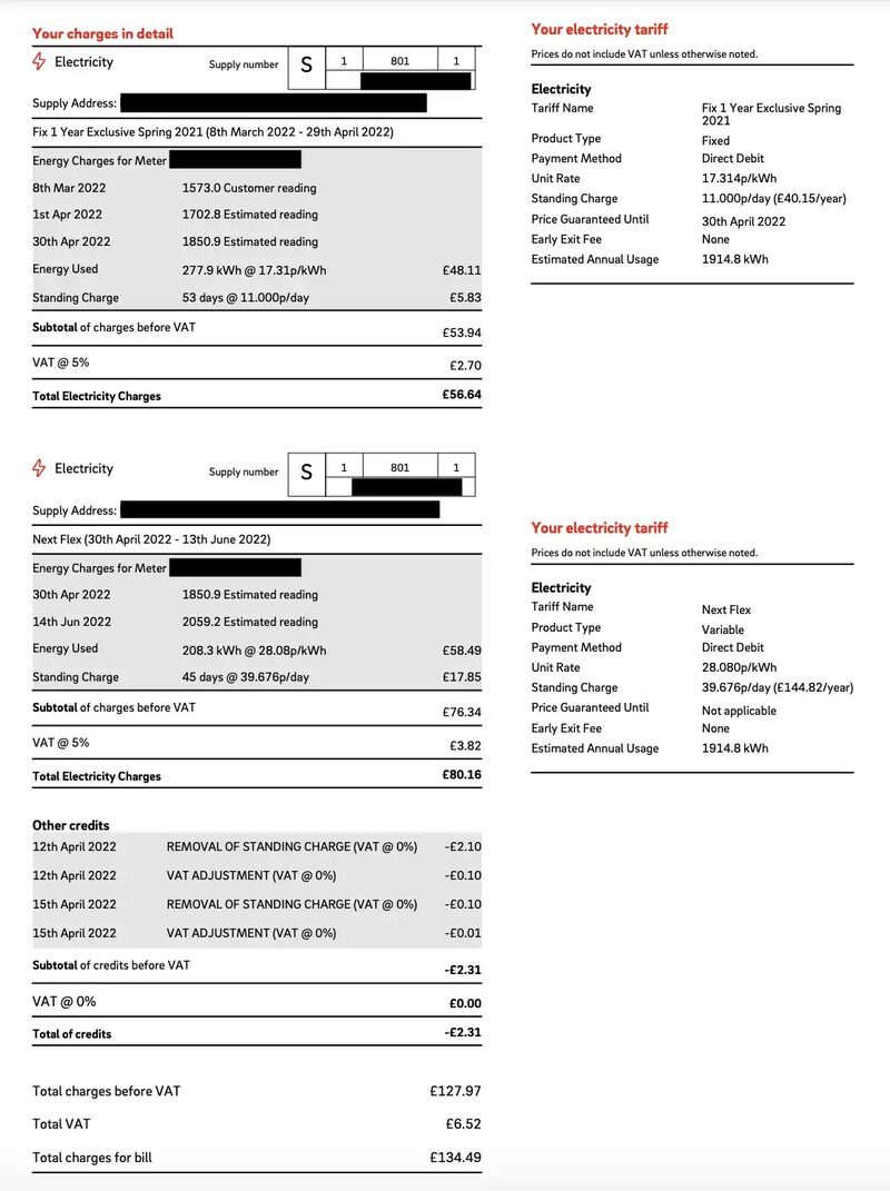 An E.ON Next electricity bill showing energy charges, meter readings, tariff details and credits