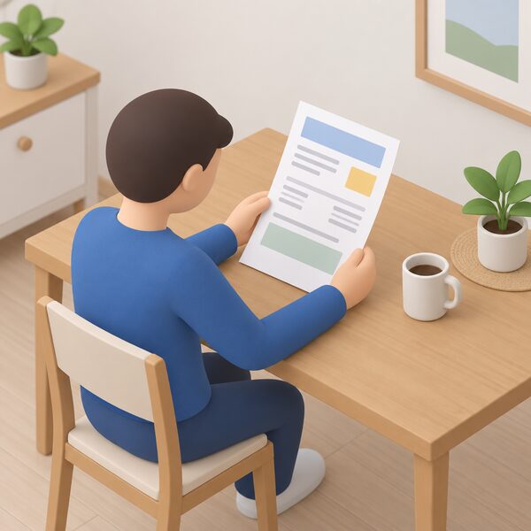 A paper electricity bill lying on a table in a home, held open by a simplified isometric figure reading it, with the supplier name area shown only as blank lines and plain colour blocks so no readable words or figures appear.