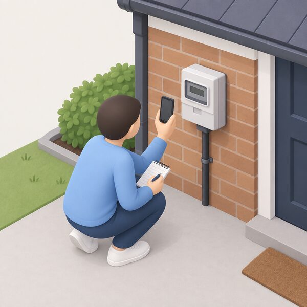A simplified isometric figure crouches beside a domestic electricity meter mounted on an outside wall of a house, holding a notepad and pen to note the meter reading, with a phone in hand to photograph the display as evidence when moving in.