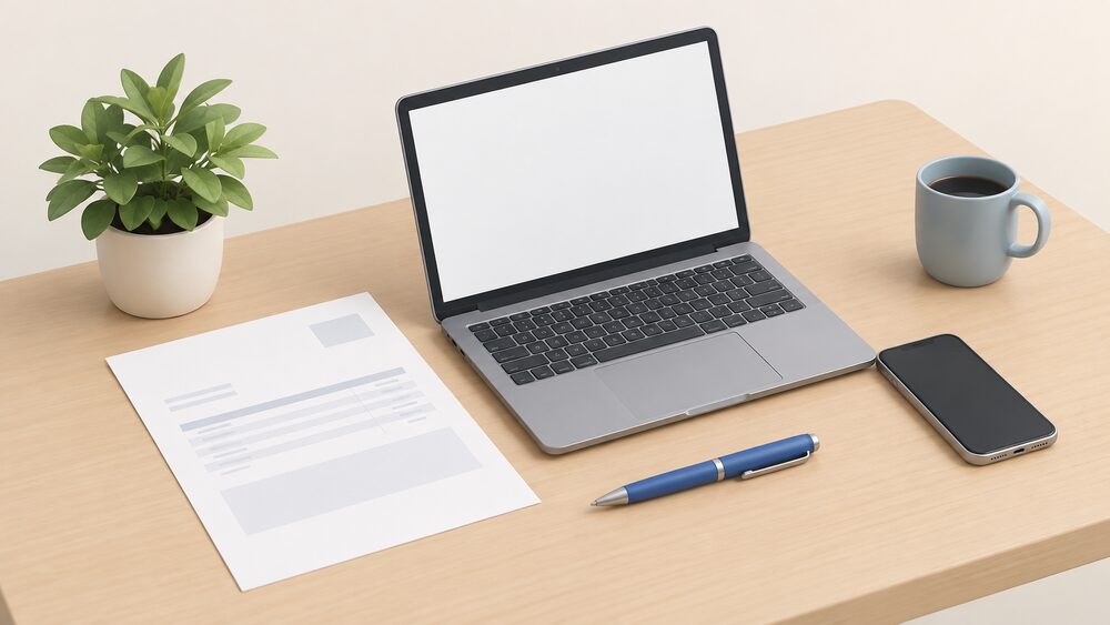 A small tabletop arrangement showing a blank electricity bill lying on a table beside a laptop with a blank screen, a mobile phone, and a pen, representing the paperwork and lookup routes for finding out who supplies your electricity.