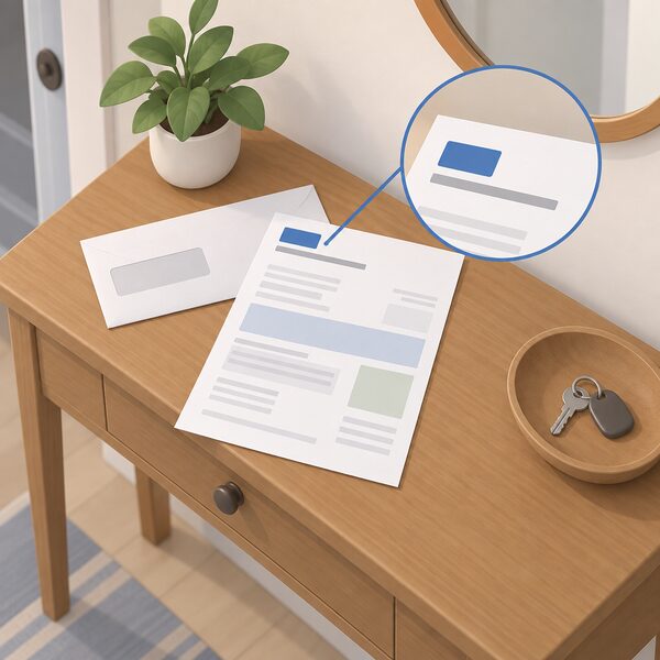 A paper energy bill lying on a hall table beside an envelope, drawn as a physical document with blank lines and plain colour blocks, showing a small brand-style block at the top and a separate longer legal company name line beneath it, with no readable words or numbers.