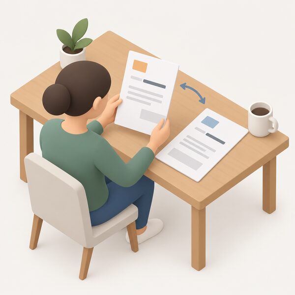 A person at a kitchen table holds a paper energy bill and compares the supplier name printed on it with the company name on the account, shown as blank lines on the bill and a simple account document beside it.