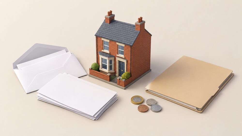 A small model of a British terraced house sits on a table beside a stack of blank energy bills in an open envelope, a few coins, and a plain folder, suggesting a household working out which company actually stands behind its energy supply.