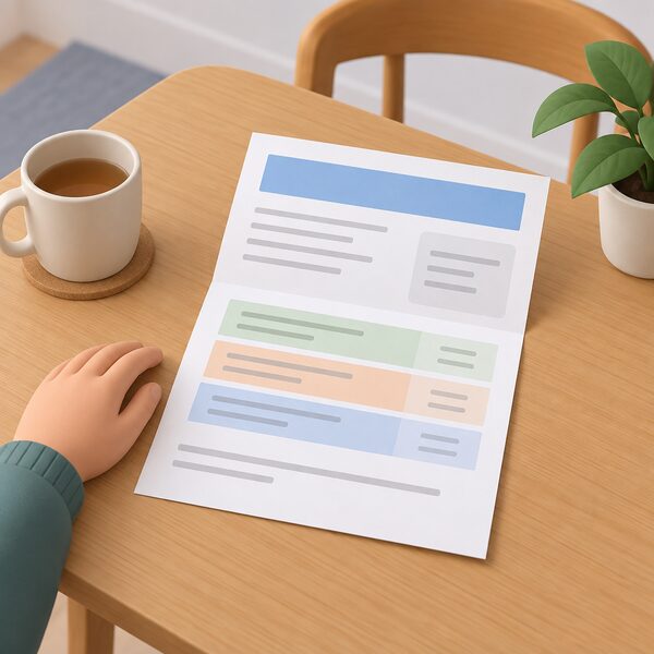 A folded paper energy bill lying on a wooden table in a home, opened to show a page with plain colour bands and blank lines where the supplier name and figures would be, with a hand resting beside it.