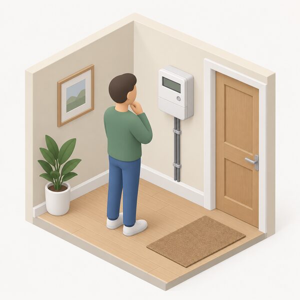 A domestic electricity meter mounted on an interior wall of a home, with a simplified isometric figure standing beside it reading the display, the metered unit whose per-unit charges and daily standing charge the price cap limits.