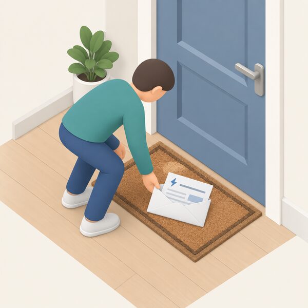 A closed envelope lying on a doormat inside a front door, opened to reveal a folded electricity bill whose header shows the customer's name as a plain blank line, with a simplified isometric figure of a household member bending to pick it up.