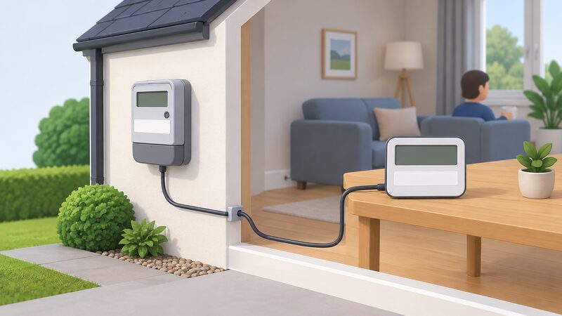 An electricity meter on an outside wall of a home, with a cable running inside to an in-home display on a table, both shown with blank supplier-name and tariff panels to indicate unchanged equipment under a changed billing entity.